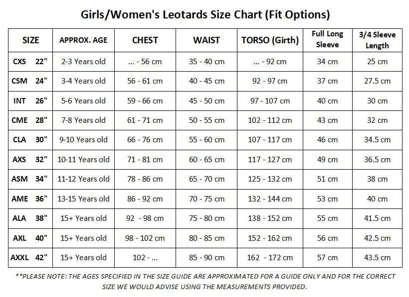 Girls Leotards Size Chart