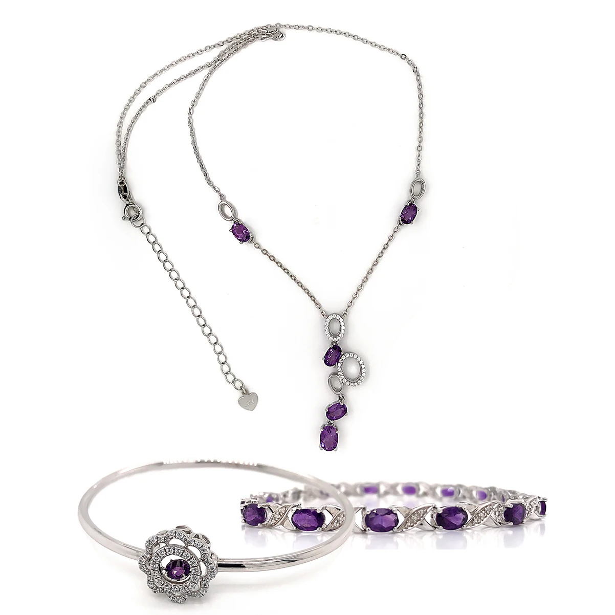 product-Geometric String Necklace, Flower Bangle, Amethyst Letter Bracelet, Beautiful Jewelry Set-BE