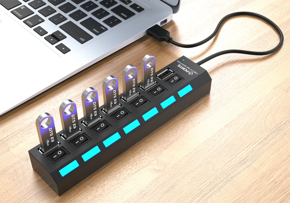 Popular High Speed Individual Power Switch And LED Light USB Hub Driver 2.0 7 port