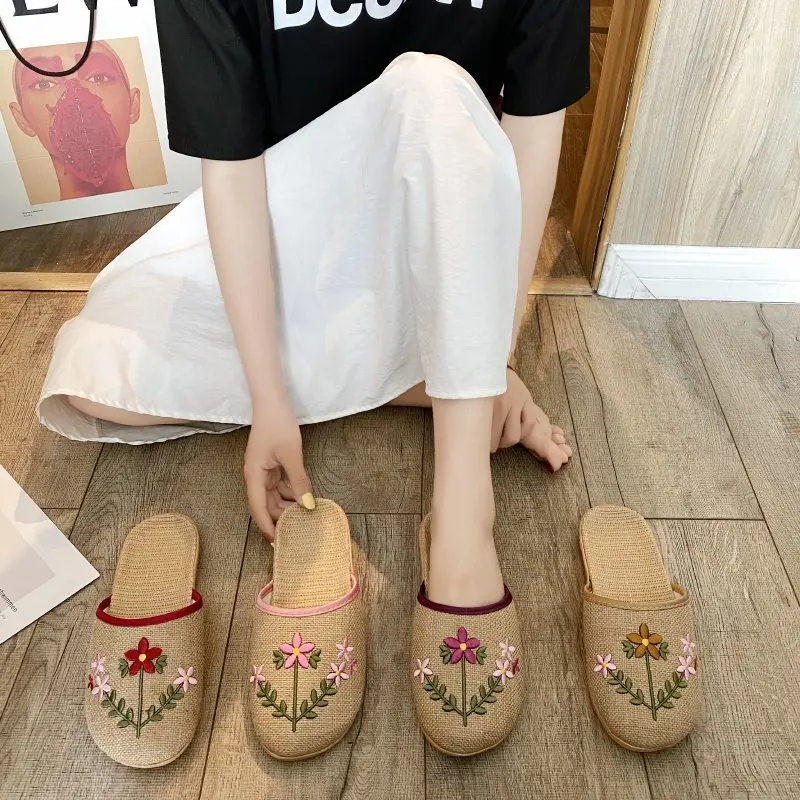 Baotou Linen Slippers Female Summer Indoor Home Silent Slippers Non ...