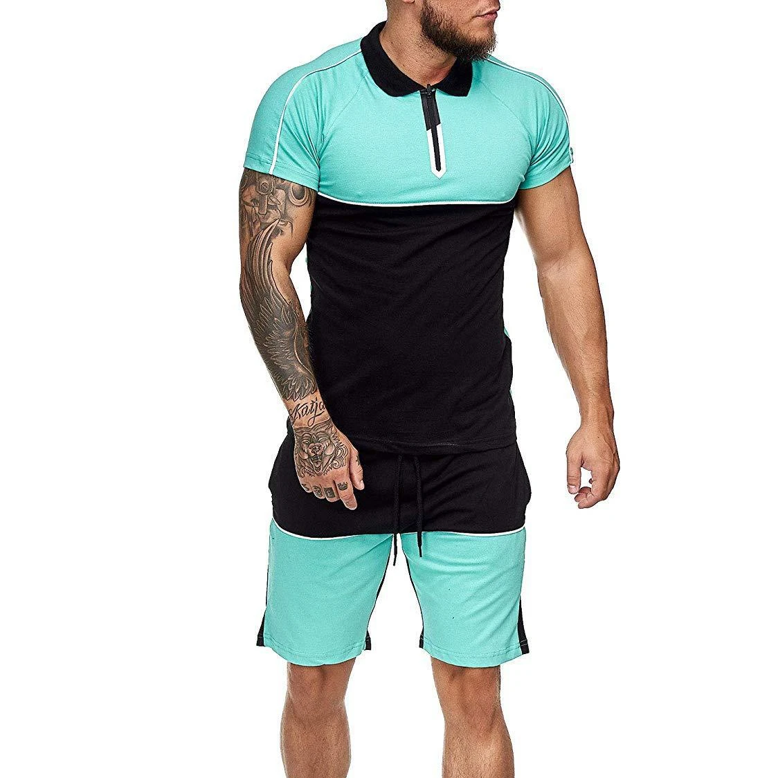 

Summer Shirt And Shorts Set Men's Patchwork Color Two Piece Pants Short Set