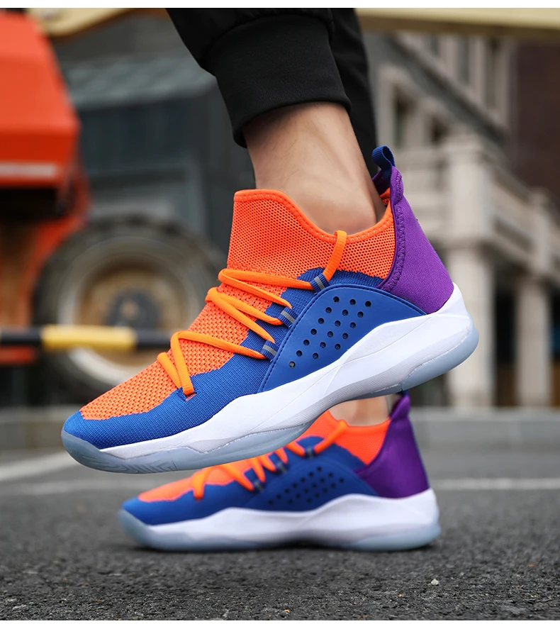 New High Top Basketball Shoes Men Breathable Knit Upper Fashion