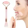 2 In 1 Handheld Dual Rose Quartz Jade Facial Massage Roller With Face Brush