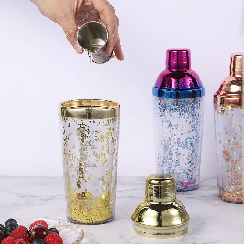 product creative fashion dual layer plastic stainless steel 450ml reusable durable cocktail shaker sparkle glitter wine boston shaker-2