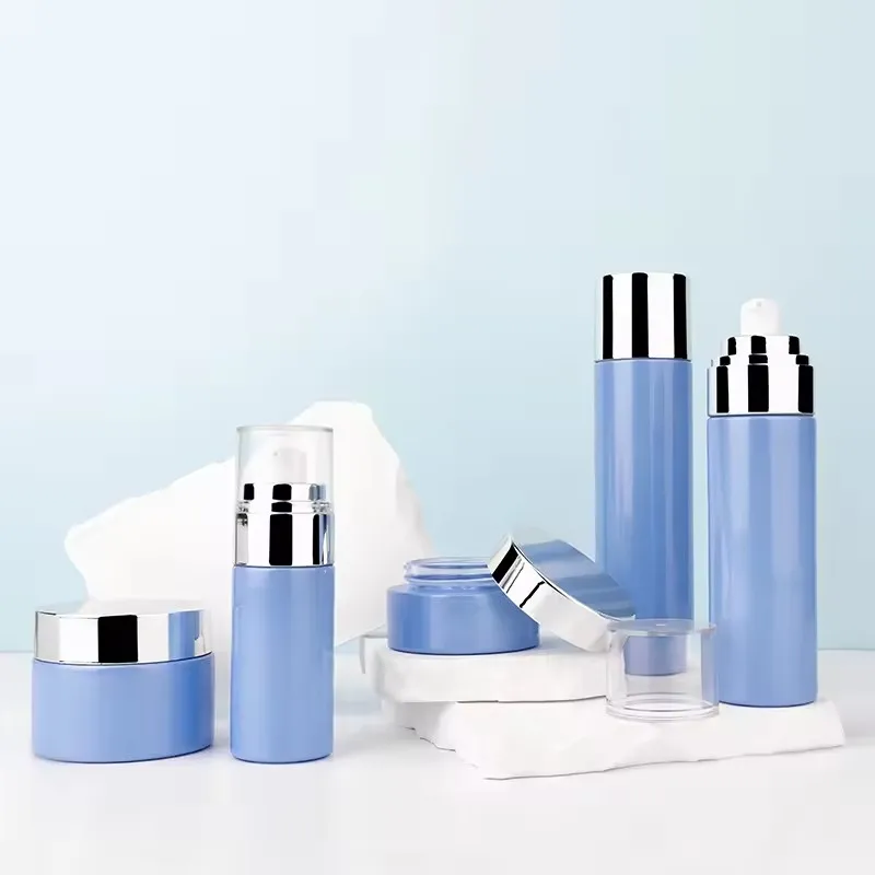 Blue Empty Cosmetics Cream Containers Set Skincare Glass pump Spray Lotion Bottle With Silver Cap 30g50g40ml100ml120ml factory