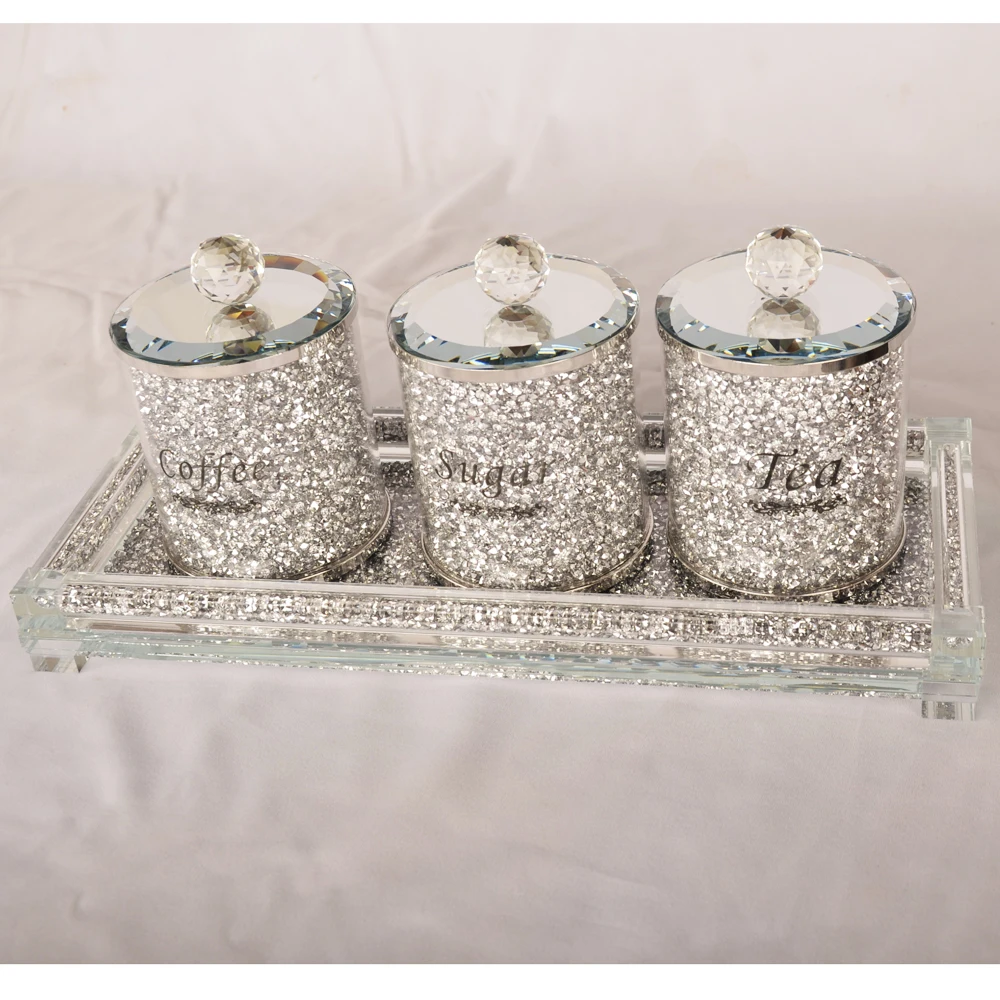 Fabulous Diamond Crushed Crystal Filled Set Of 3 Kitchen Storage Canisters Tea Coffee Sugar Jars