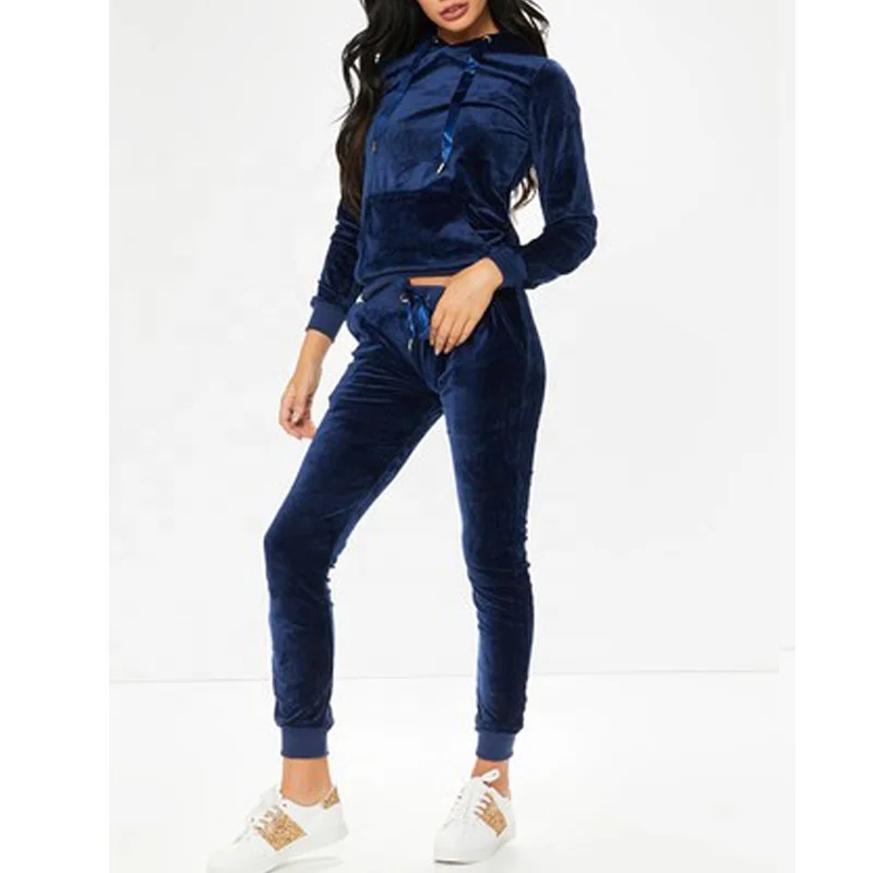 Hot Girls Oem Factory Soft Velour Tracksuit Wholesale Navy Blue Sport Women Training Wear Buy