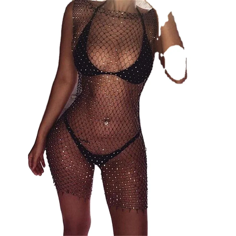 

Rhinestone Shiny Cover Up Hand Woven Mesh Bathing Suit One Set Swimming Suit For Women, 13 colors