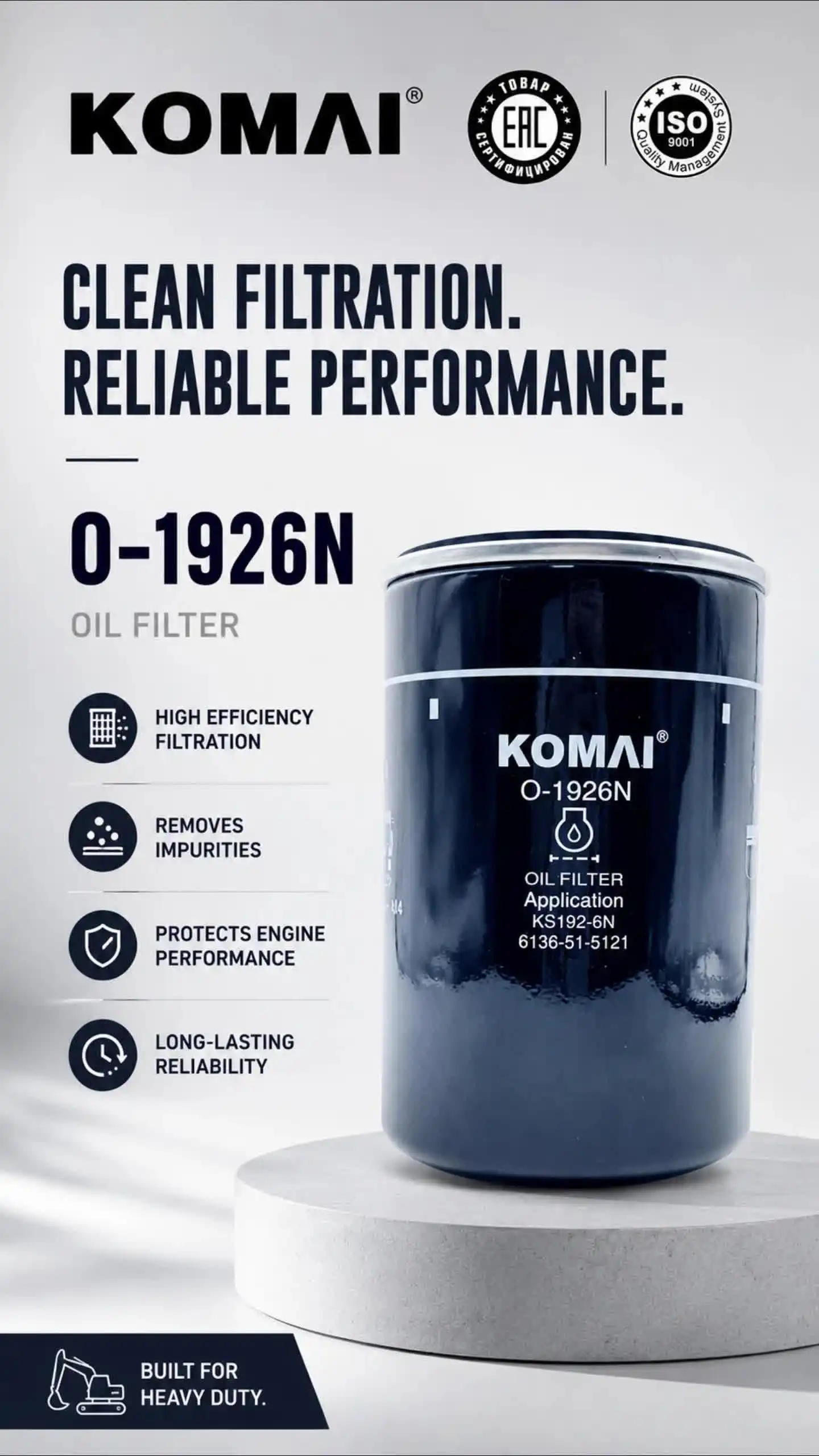 Cartridge Oil Filter 6136-51-5121 for Komatsu WD-420-3, 99.9