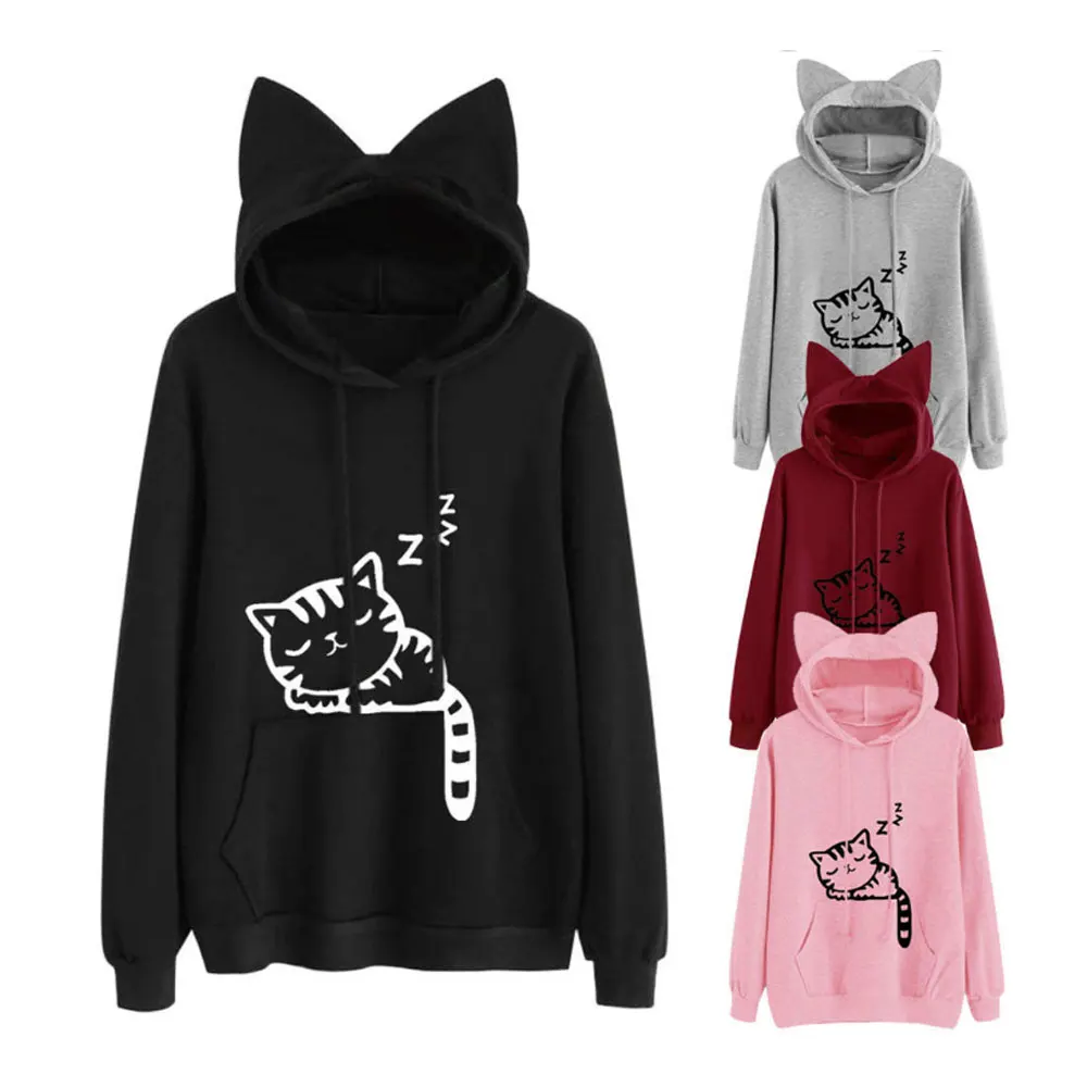2021 Women Sweatshirt Print Hoodie Cat Ear Cute Autumn