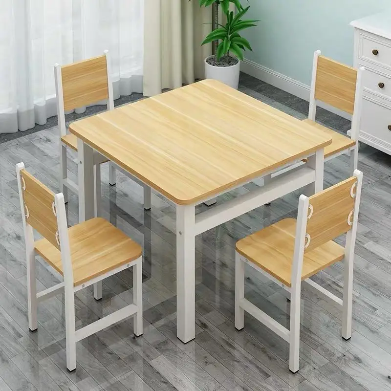 Traditional square Iron and stainless steel dining Multi-colored wooden table for restaurant