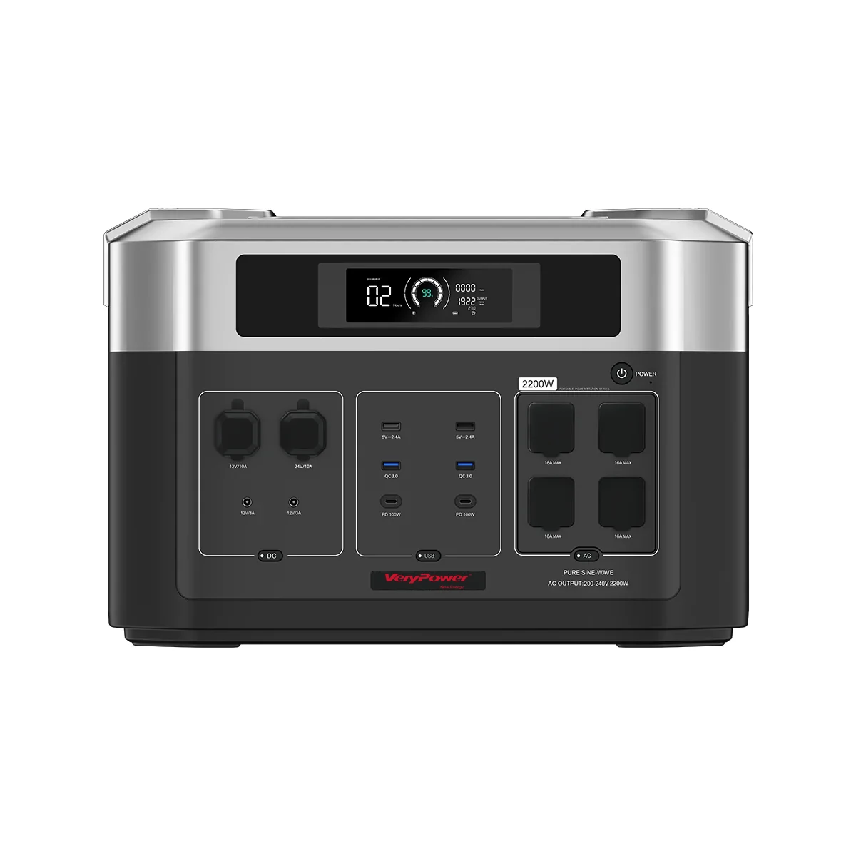 2000W portable power station with solar panel input and AC outlets labeled