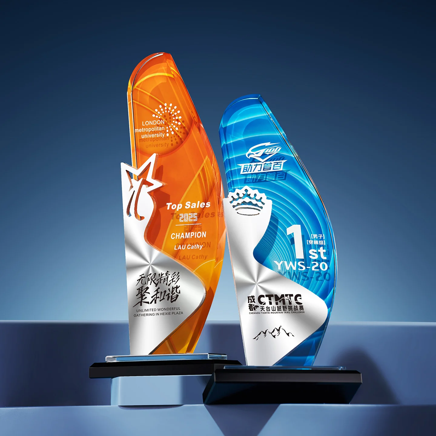 product durable sandblasted glass crystal trophy with uv printed graphics corporate gifts award on wooden base wdy 0417-4