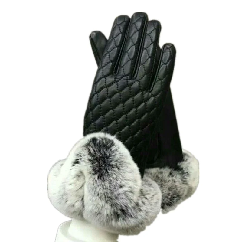 Fashional Touch Screen Women Faux Fur Lined Gloves Leather Winter Fur