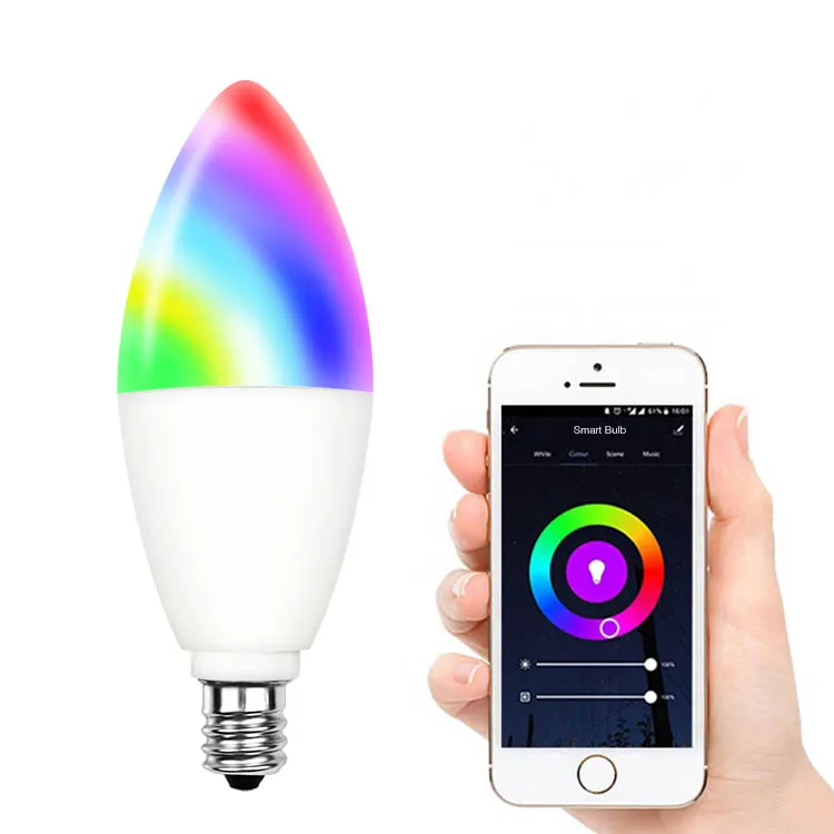 Mobile Phone Control 6W 600LM LED Candelabra Bulb E12 Base Smart Candle Light Bulb Compatible With Alexa and Google