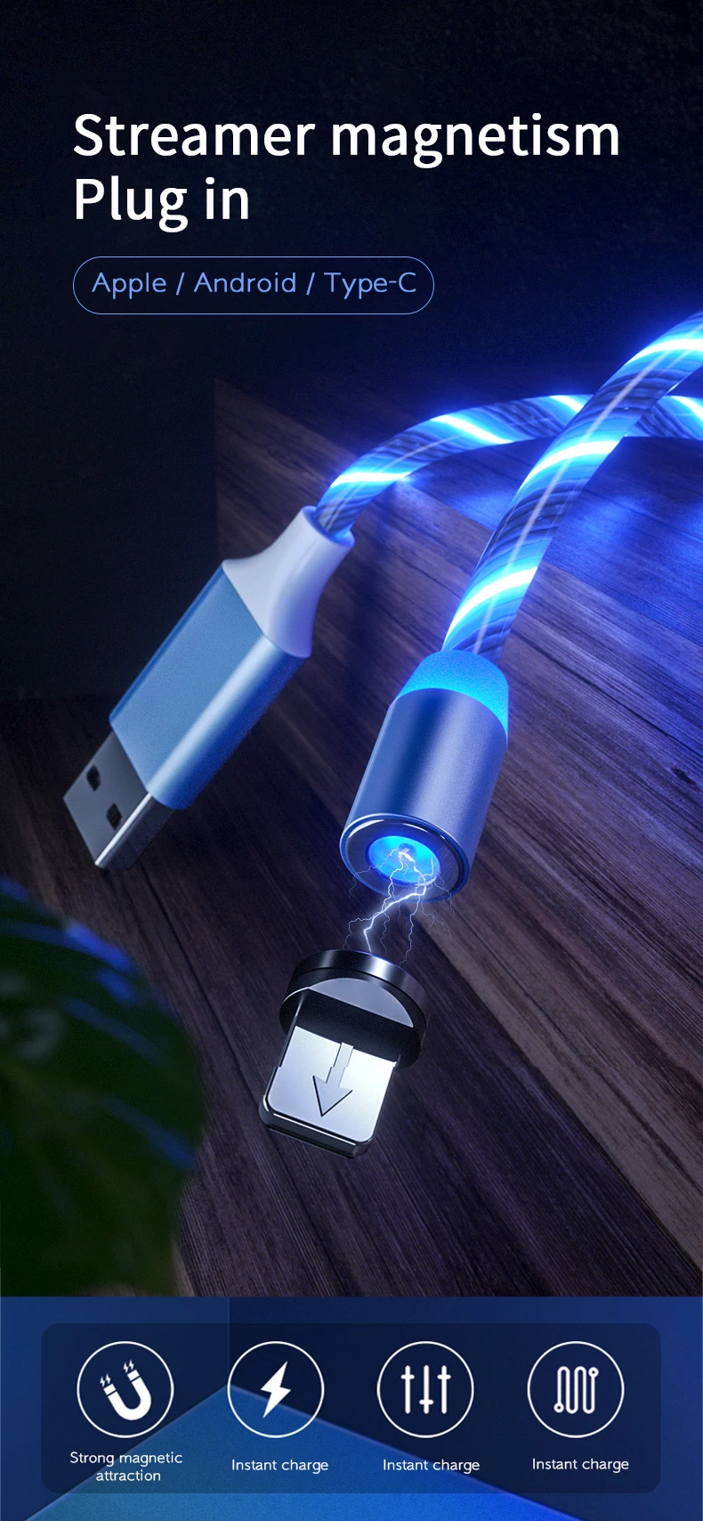 2020 wholesale magnetic charging cable fast charge micro cable flowing cell phone accessories led luminous lighting usb cable - ANKUX.COM