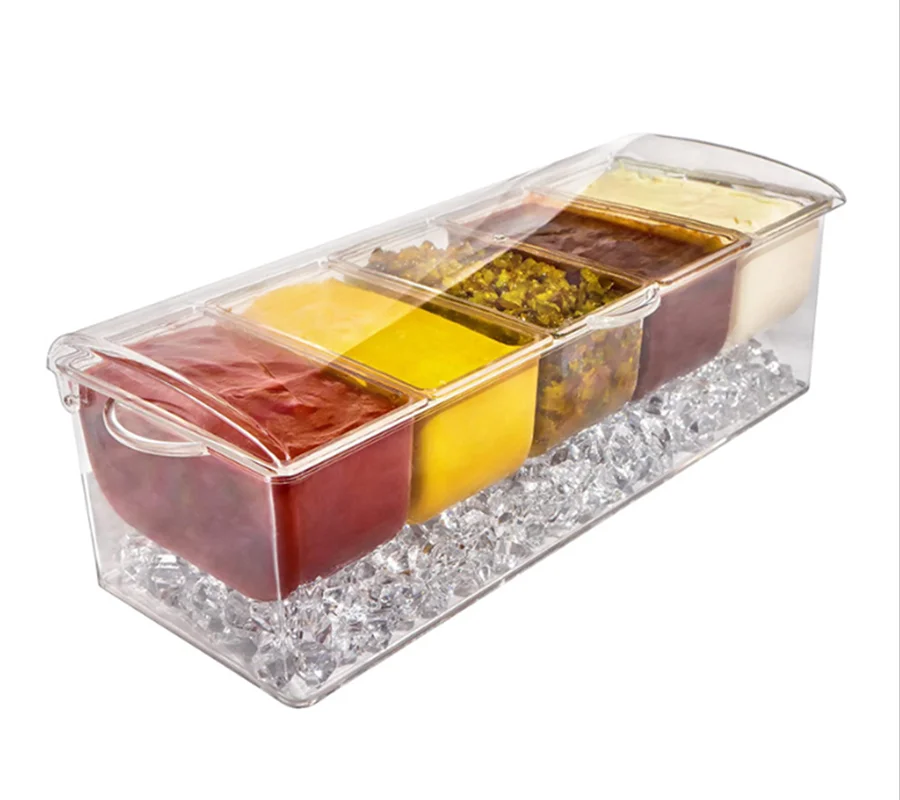 Ice Chilled 5 Compartment Condiment Server Caddy,Serving Tray Container
