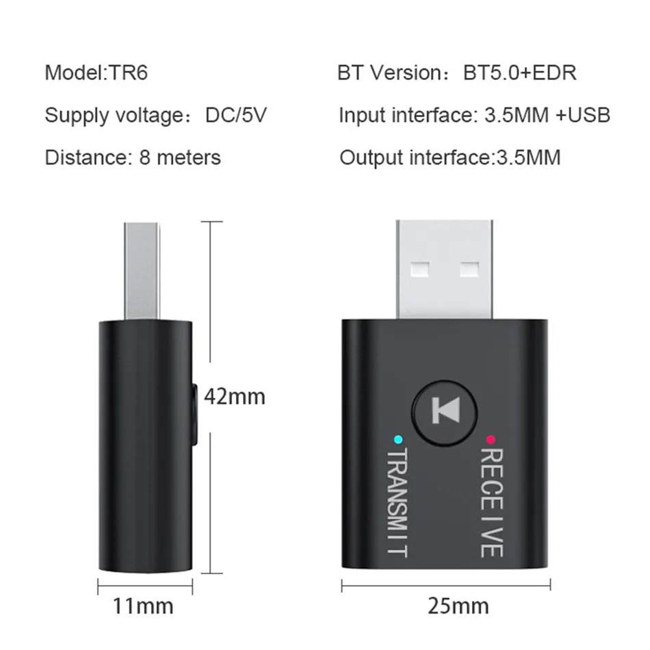 TR6 Bluetooth version 5.0 USB Dongle 2in1 Wireless Bluetooth audio Transmitter Receiver for TV Speaker Amplifier Projector Car