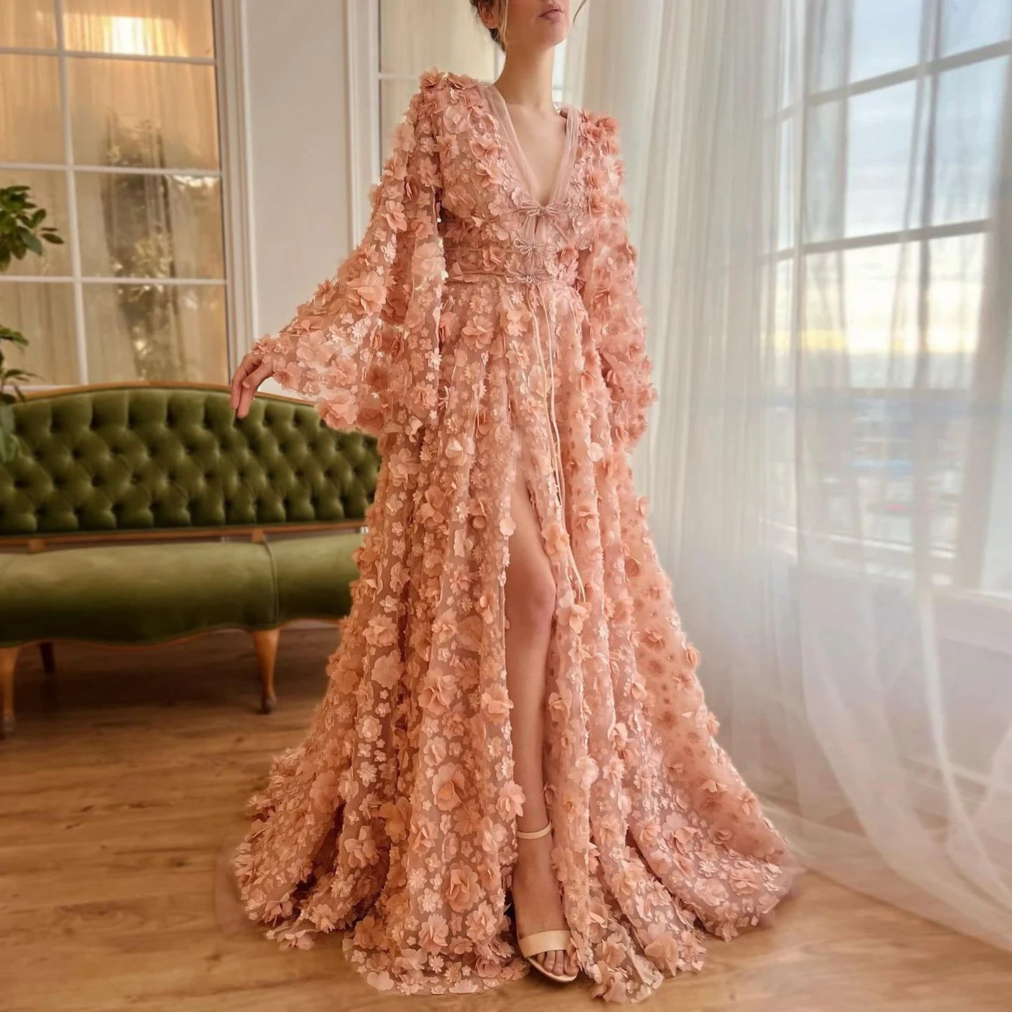 pink birthday dress with sleeves Blush Pink Long Flutter-Sleeve Prom Gown A1176 Blush / 2