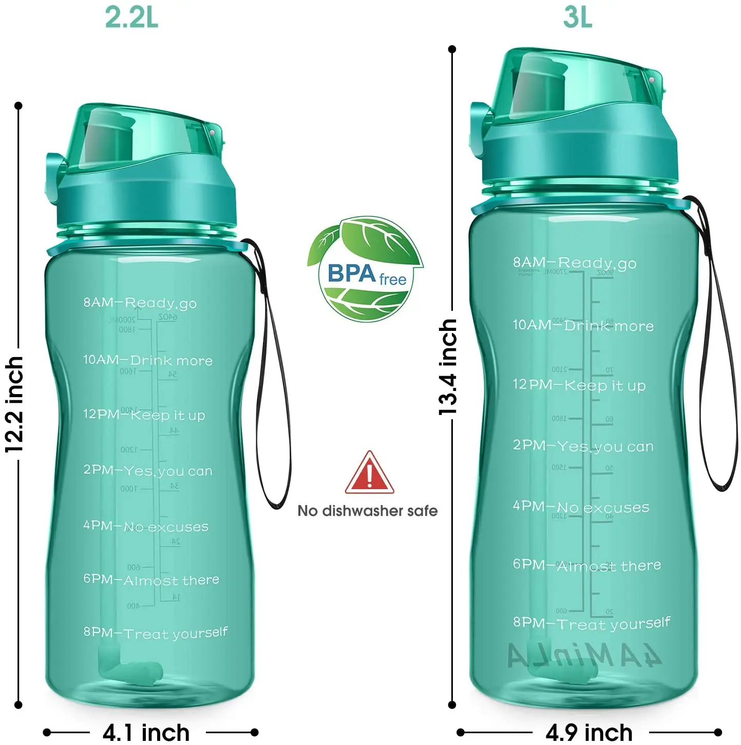 4aminla Motivational Water Bottle 2.2l/64oz Half Gallon Jug With Straw