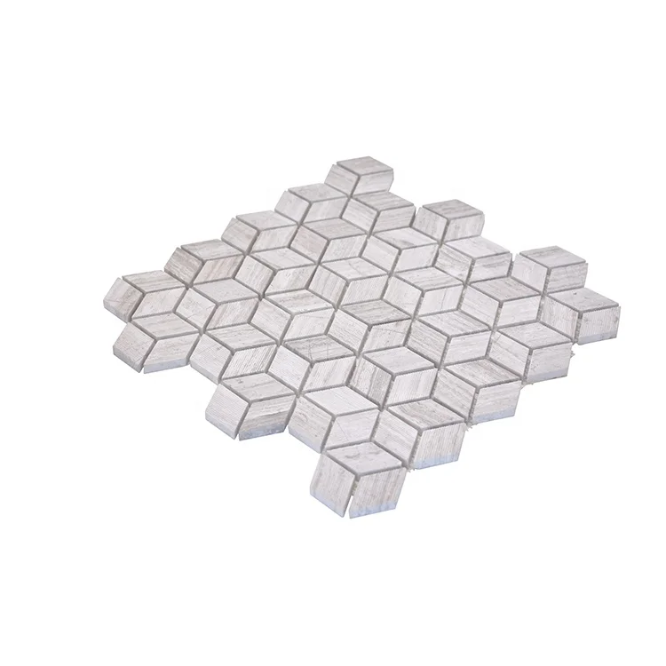 Moonight Classic Design Wooden Grey Scratched Rhombus Cube Stone Mosaic Tile for Backsplash and Wall