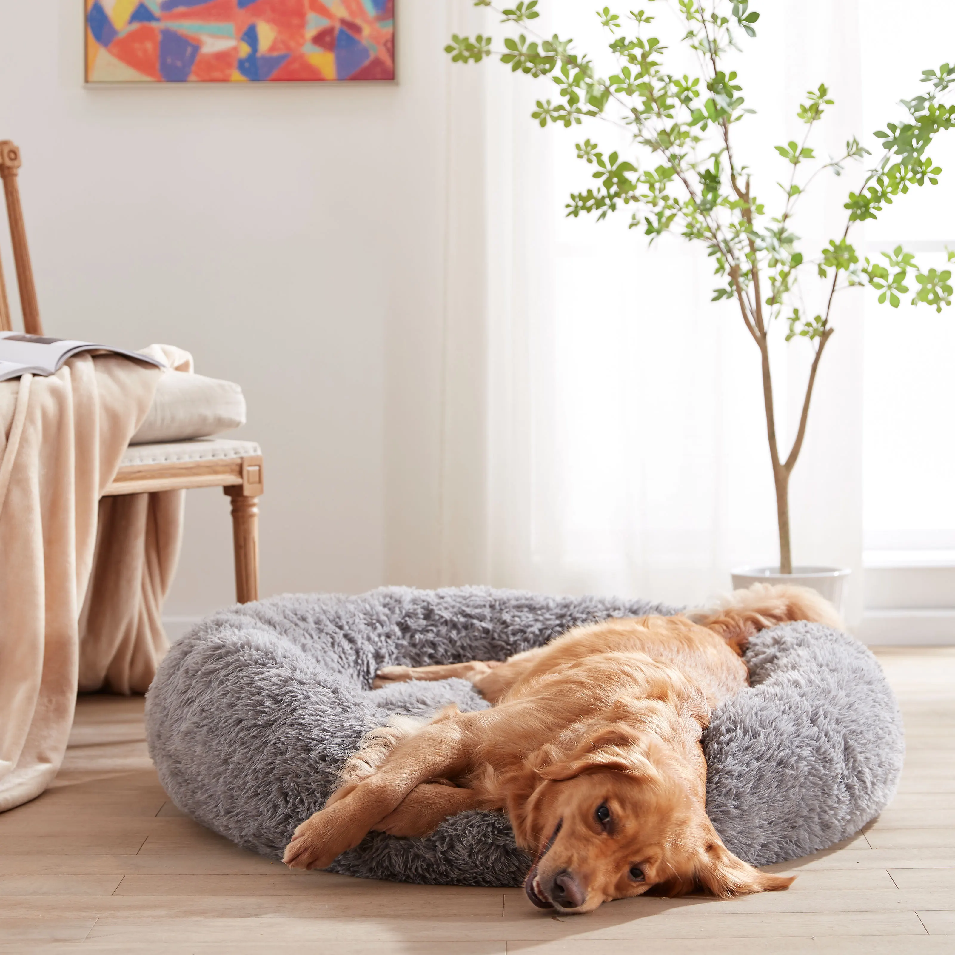 Comfortable Round Doughnut Antianxiety Pet Fluffy Faux Fur Polyester