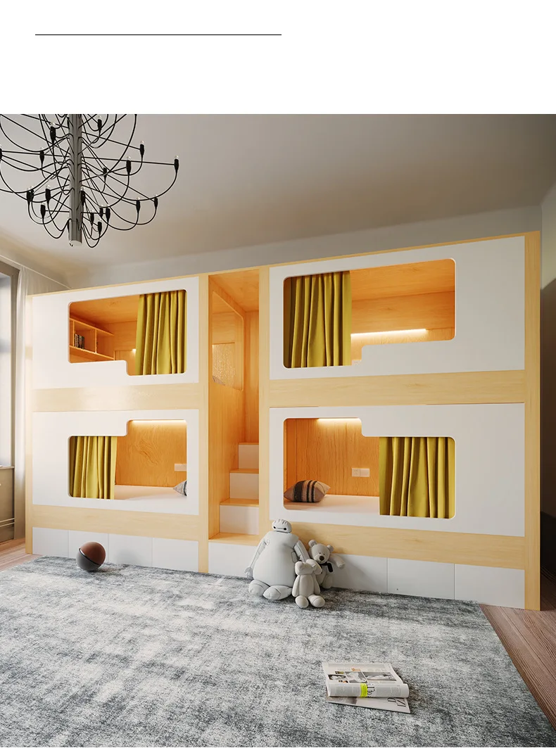 product custom metal material solid wood space capsule bunk bed kids and students apartment dormitory bunk bed with slide-5