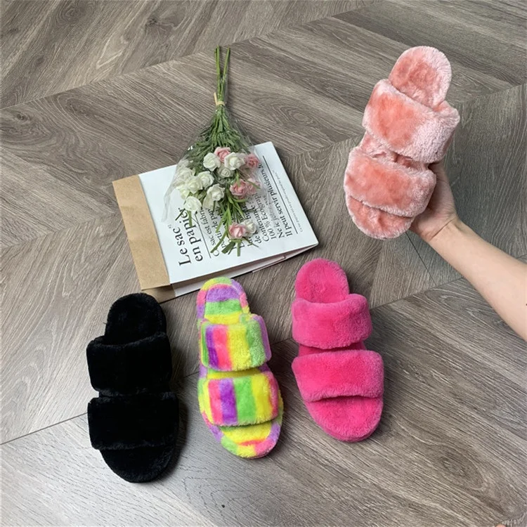 
High Quality Rainbow Slide Heel Sandals Shoes For Ladies Wholesale Faux Fur Slippers Women 
