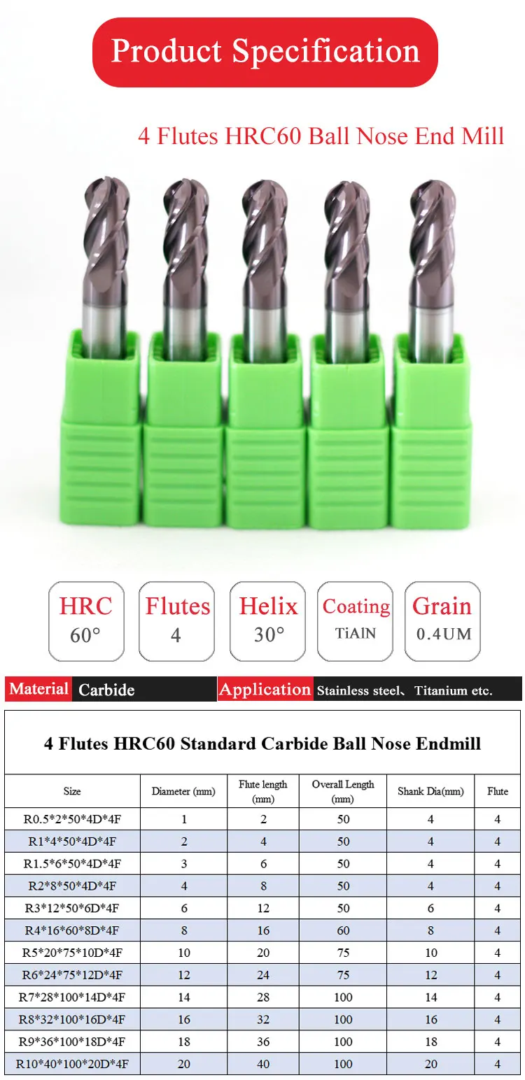 Rld Hrc60 4 Flutes Solid Carbide Ball Nose End Mill Bull Nose Endmill