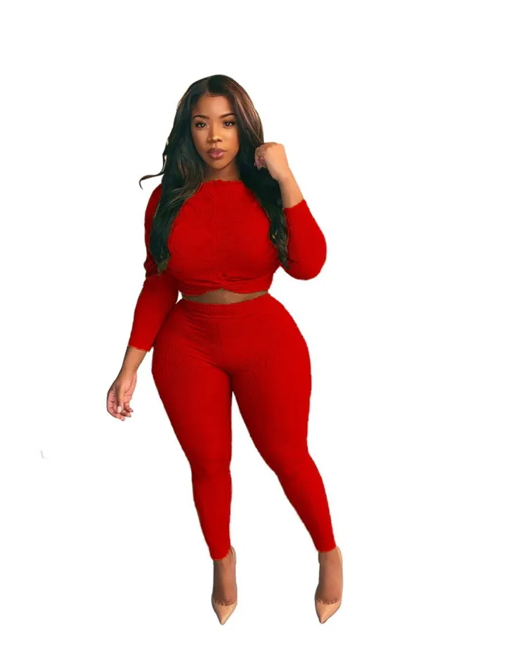 New Fashion Lady 2 Pcs Crop Tops Pants Solid Color Plus Size Tracksuit Autumn Women Two Piece Set