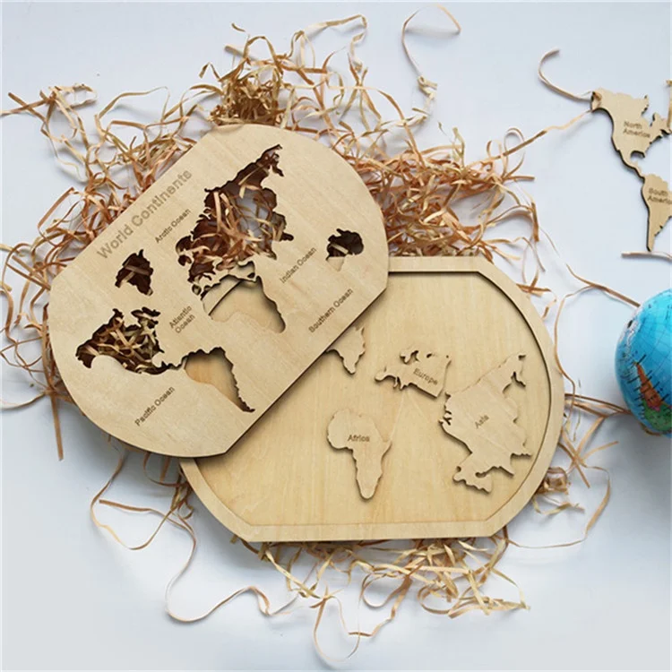 Montessori Wooden World Map Puzzle Natural Wood Children Jigsaw IQ Game ...