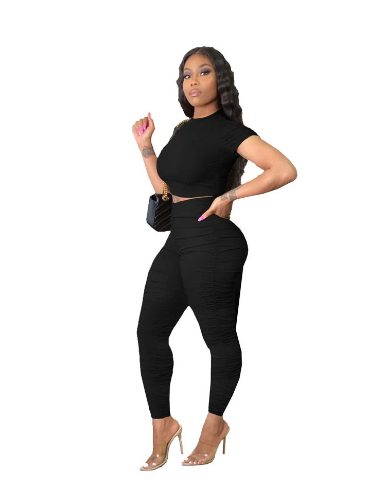 Popular Ladies 2 PCS Outfits Crop Tops Stacked Pants Clothing Bodycon Sports Fitness Women Two Piece Set