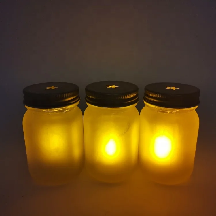 3 Pieces Mason Jar Tealight Set Frosted GlassTealight LED Candle Lantern Holder with Light Up Star Lid