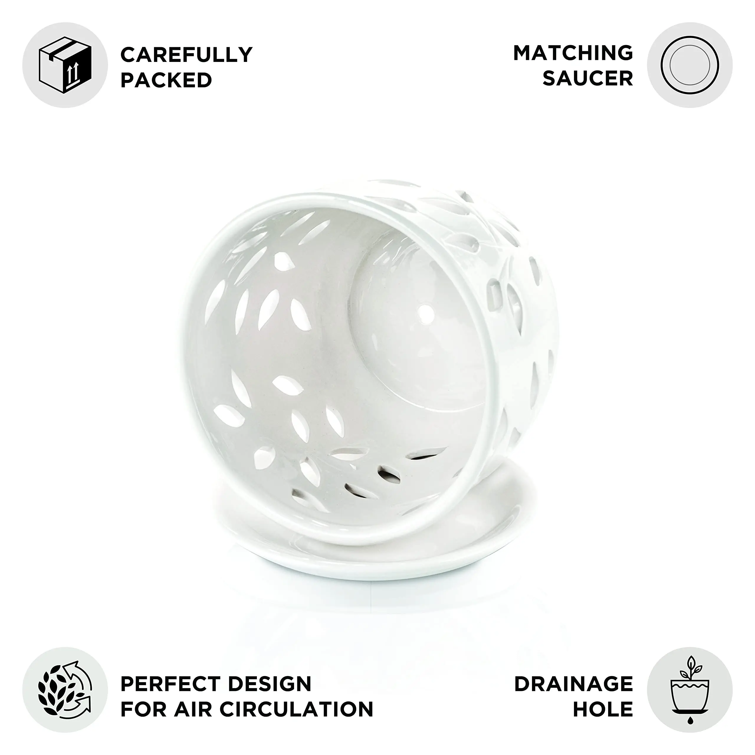 Ceramic Orchid Pot With Holes & Saucer 6.5" - Attractive Floral Design,Decorative Large Size,Easy Plant for Home Decor details