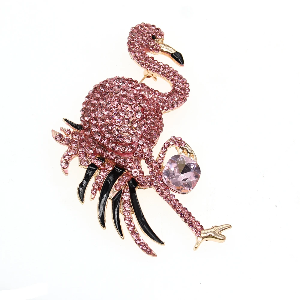 Free Shipping 80mm Pink Rhinestone Flamingo Brooch Crystal Bird Jewelry
