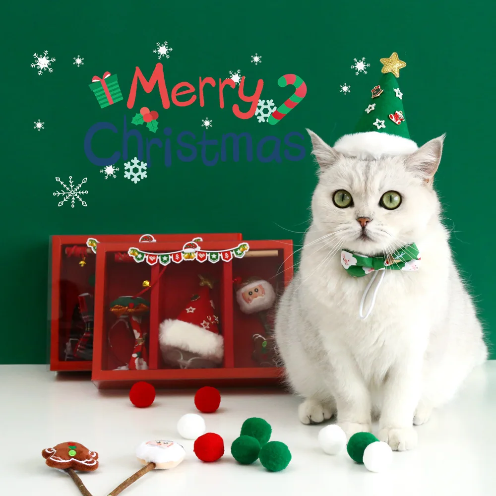 Interactive Eco-Friendly Cat Chew Toy Set Santa Claus Tree Hat Bow Tie Collar Teaser Wand Plush Christmas Pet Toy