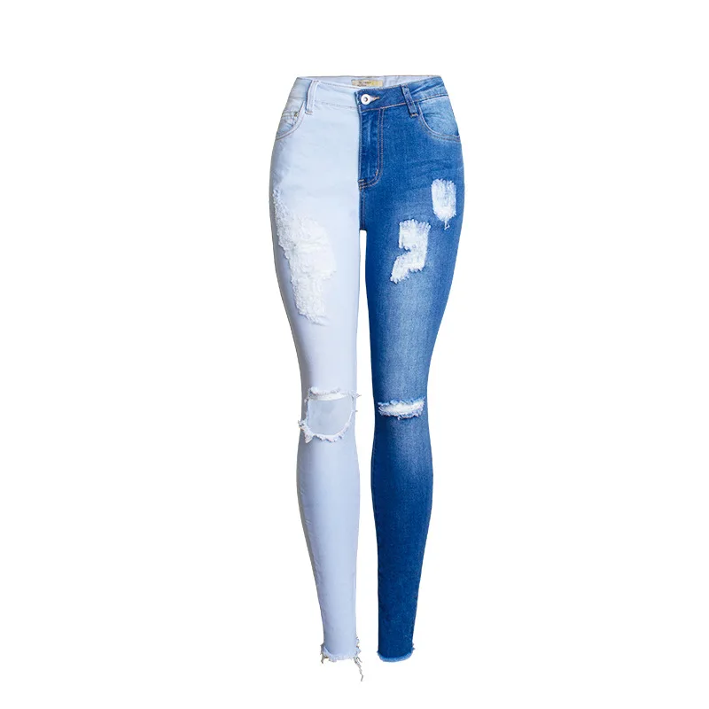 
Wholesale women two tone patchwork split color ripped elastic waist skinny denim pants bodycon pencil jeans 
