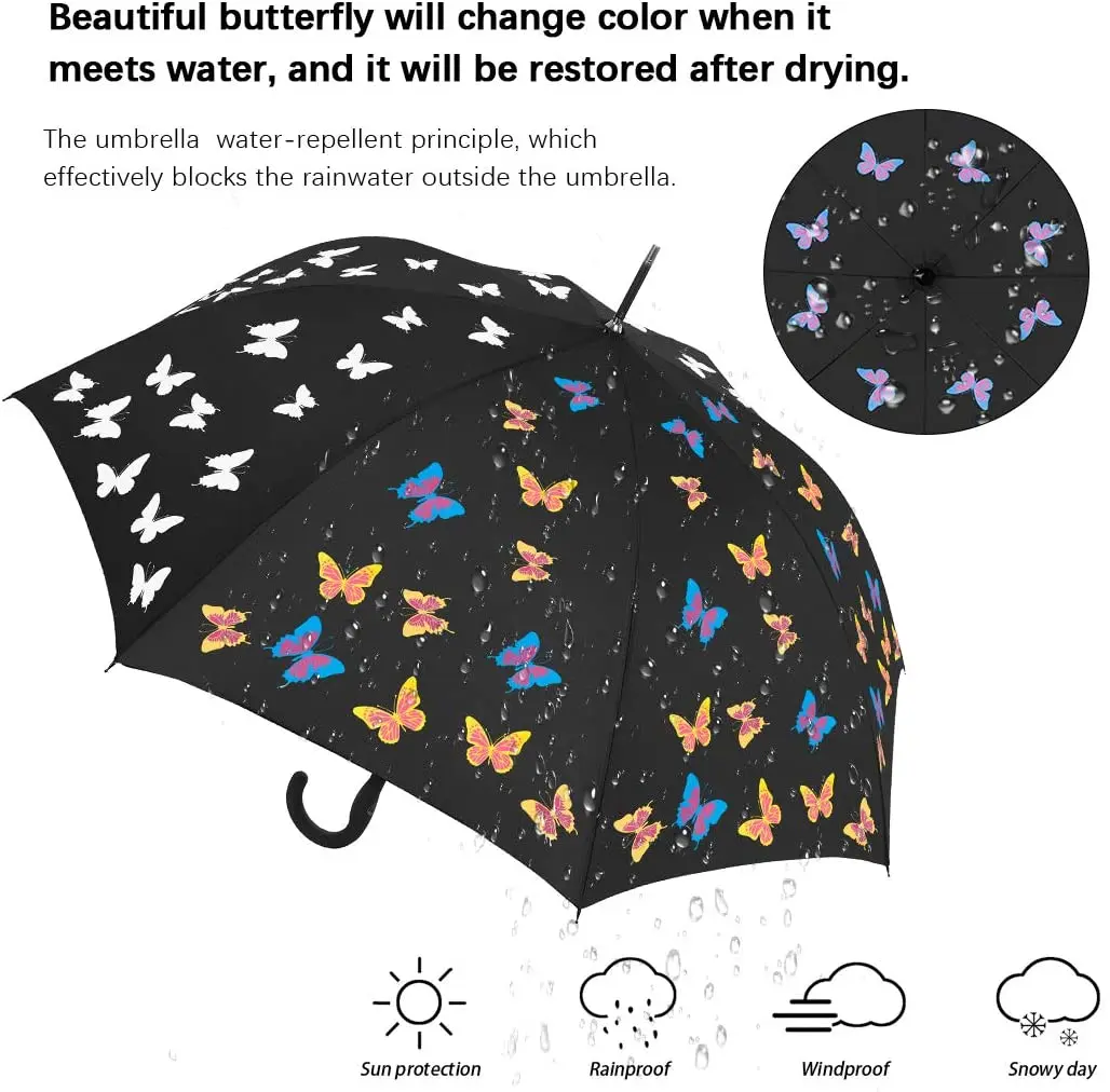 Color Changing Butterfly Auto Open Uv Umbrella With Hook Handle For ...