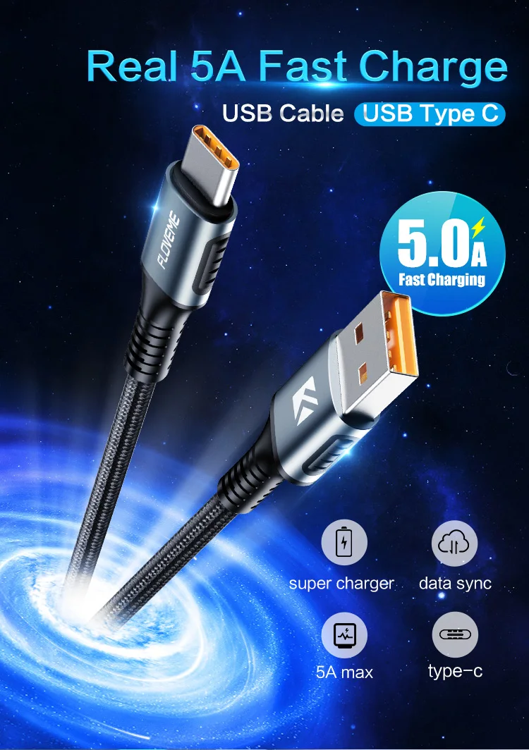 DHL Free Shipping China Manufactures Products FLOVEME 5A Nylon Braided Data Cable Usb Type C Fast Charging Cable - ANKUX.COM