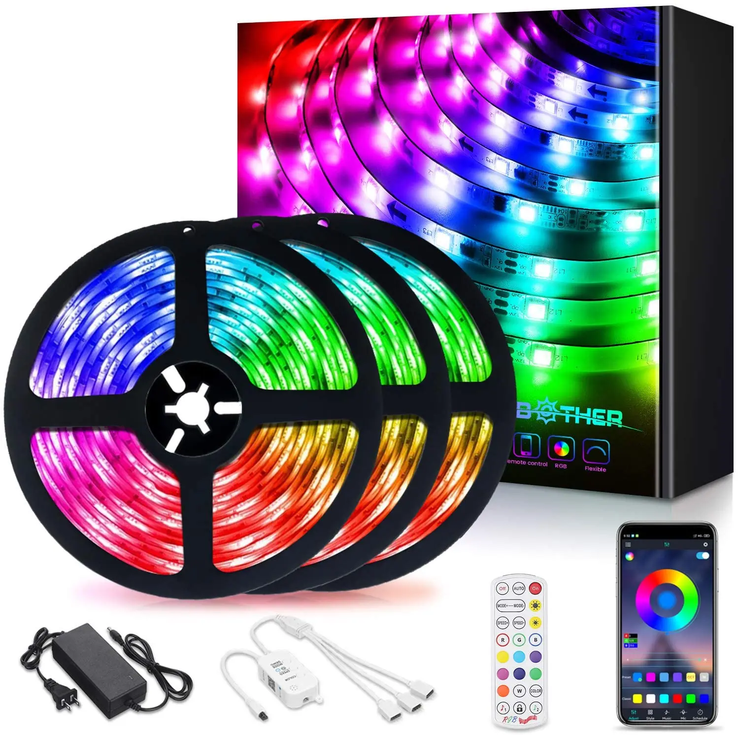 49.2FT 15M  LED Strip Lights Music Sync, App Control with Remote 5050 RGB LED Light Strip Color Changing 24-Key Remote