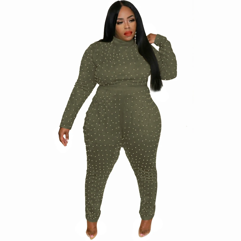 Long Sleeve Sexy Bead Bodysuit Yoga Ladies Rompers Sexy Workout Bodycon One Piece Women Plus Size Jumpsuits
