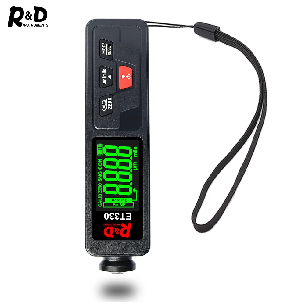 
R&D ET330 car paint coating thickness gauge Fe & NFe probe film thickness tester mini style black shell and green color display 