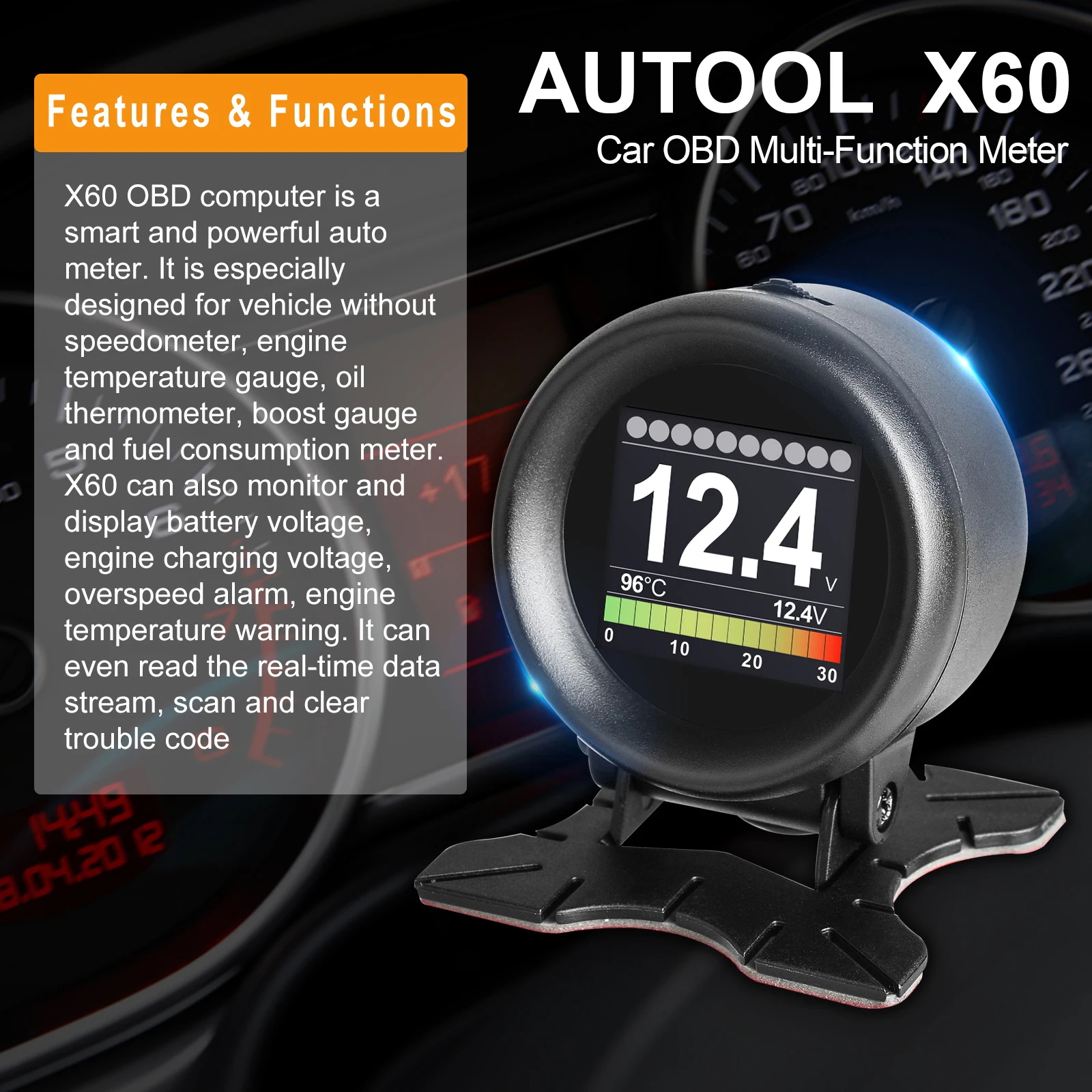 AUTOOL X60 12V Turbo Boost Pressure Meter OBDII Speed Alarm Oil Water Temp Gauge