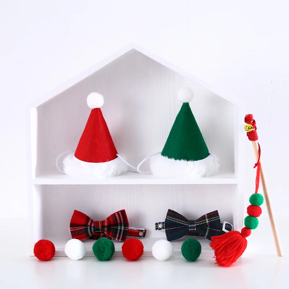 Interactive Eco-Friendly Cat Chew Toy Set Santa Claus Tree Hat Bow Tie Collar Teaser Wand Plush Christmas Pet Toy
