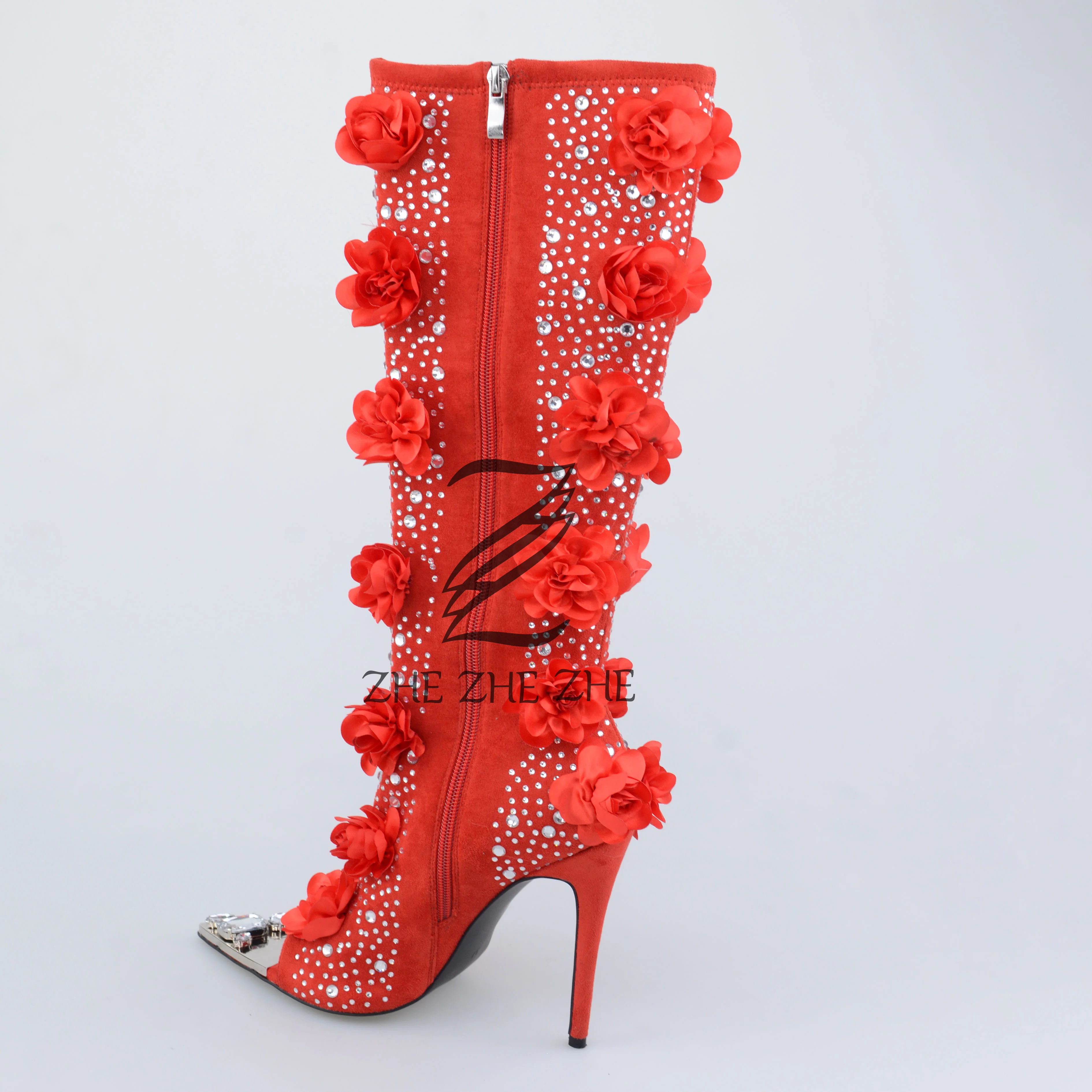 Women's High Heel Calf Boots With Leaky Toes Gold Metallic Diamond Shoe