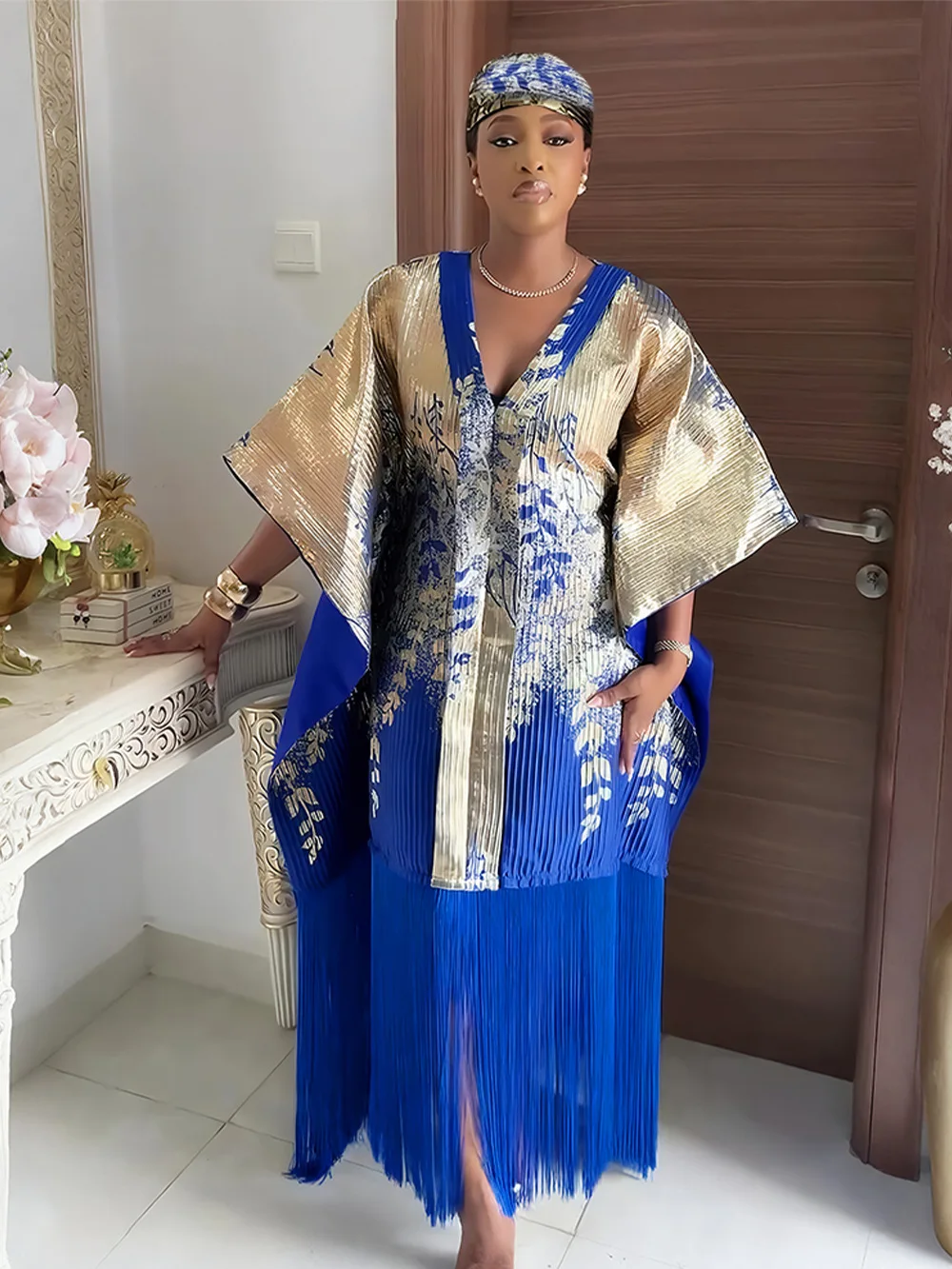 blue and gold african dress Ankara African Print Dress with Slit: Women's Long Sleeve Fashion