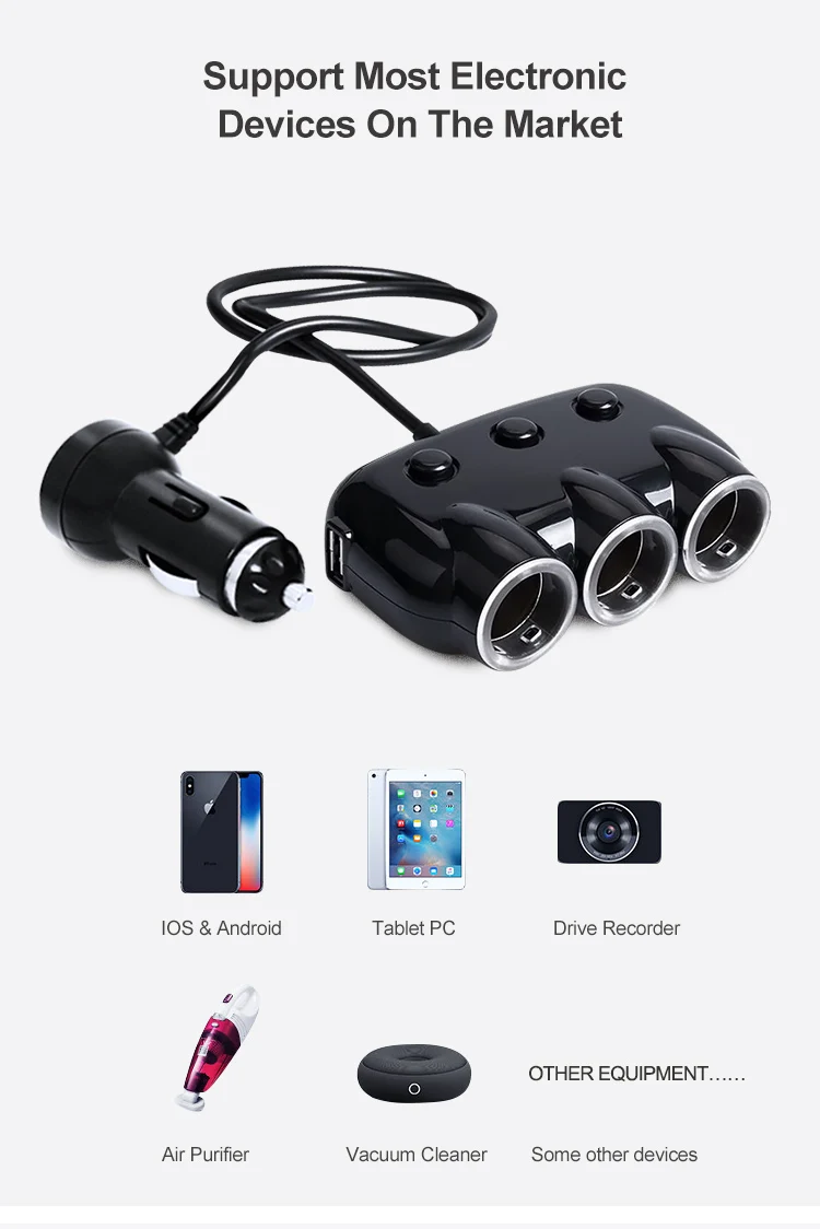 ABS 5V 3.1A Dual 2 USB 3 Cigar Cigarette Lighter Socket Car Charger Splitter Adapter With Two USB And 3 Switch Button