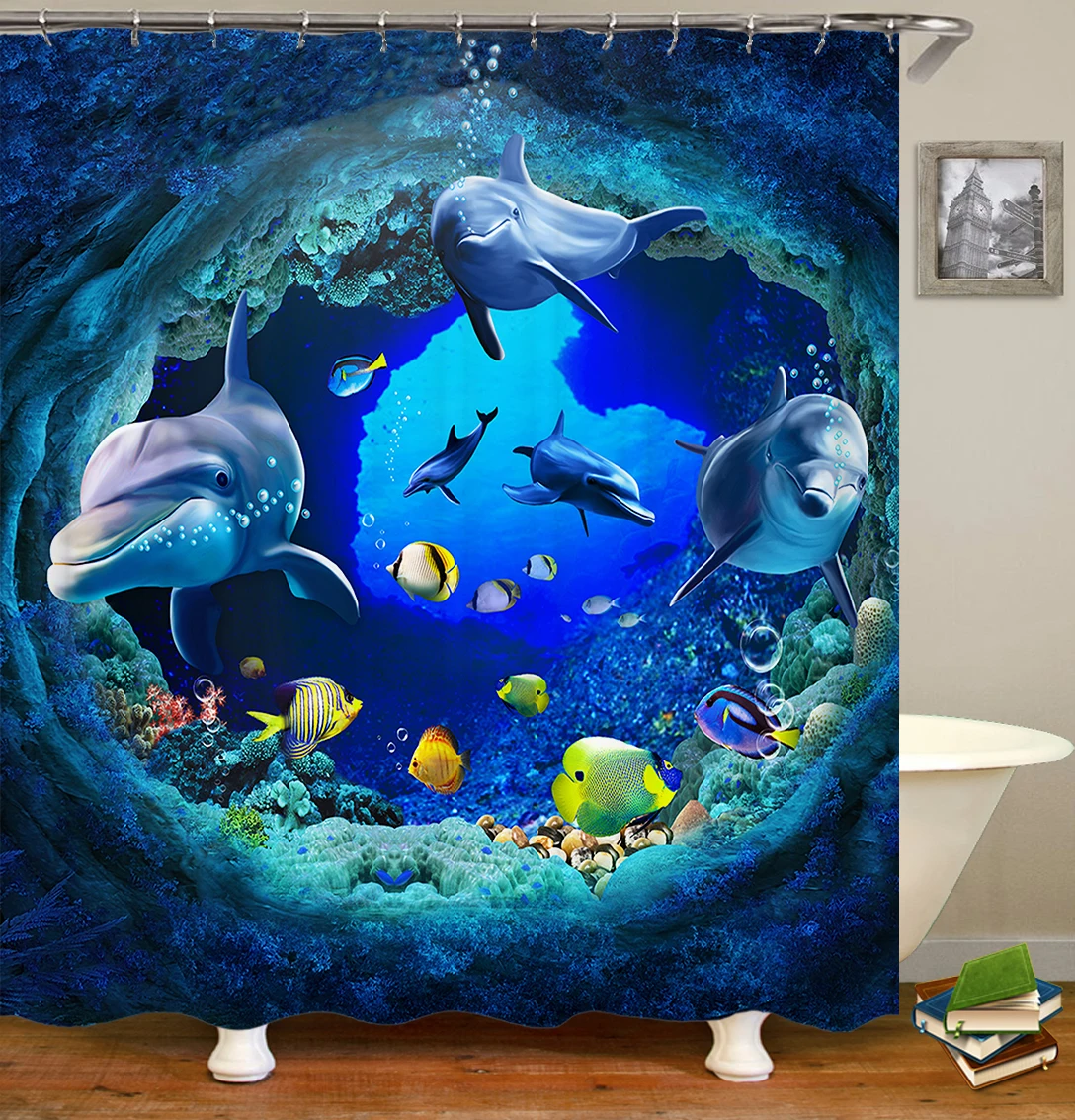 2020 New Style Polyester Tropical Blue Bathroom Shower Curtain