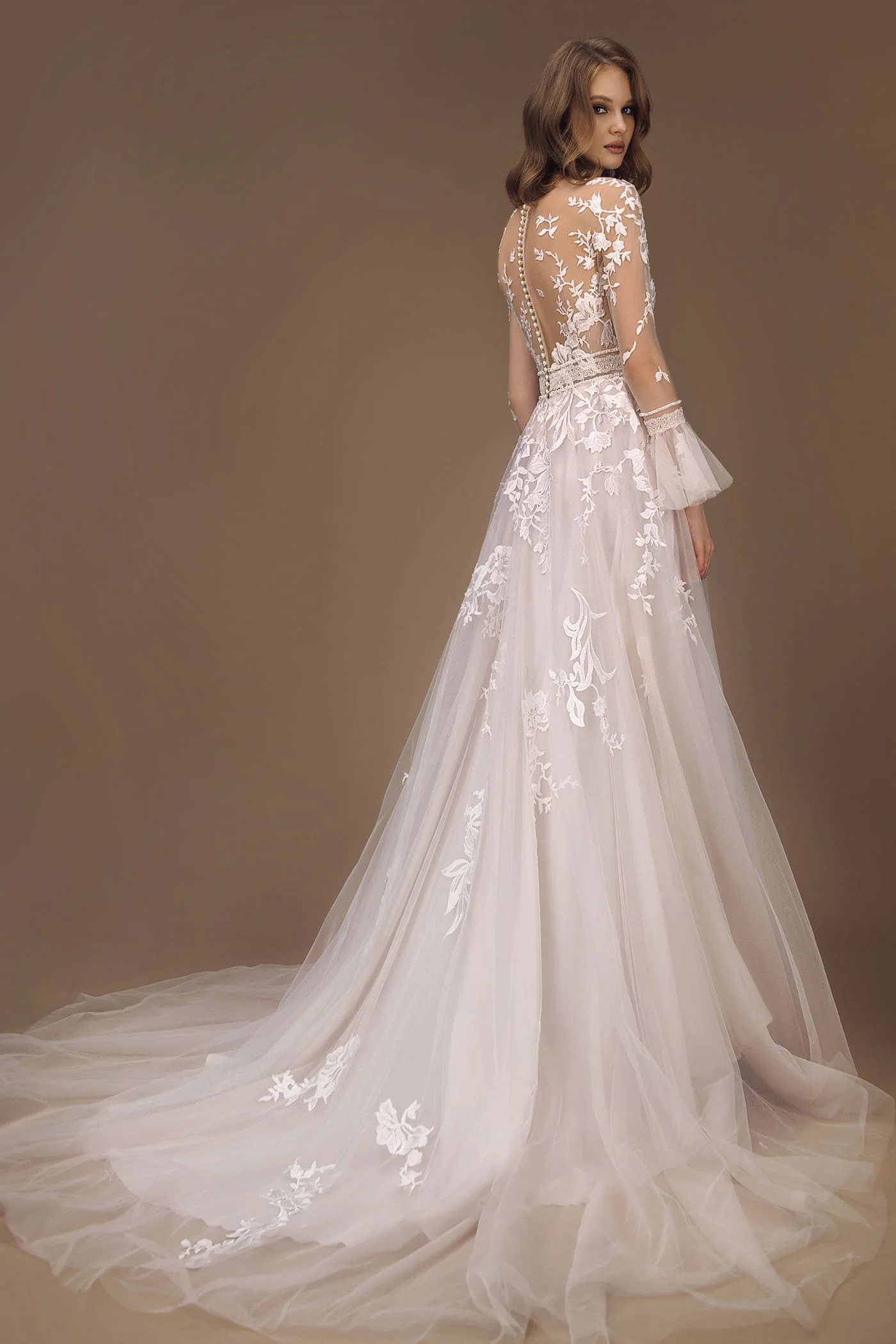 波西米亚 a 线 o 领长袖贴花幻觉回简单的婚纱礼服新娘礼服