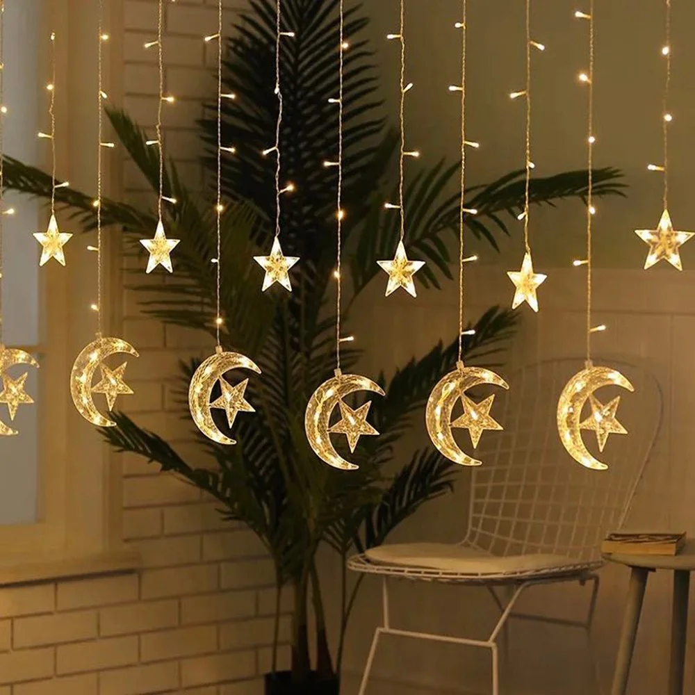 wholesale led decoration outdoor indoor 138 LED moon star window curtain icicle string lights